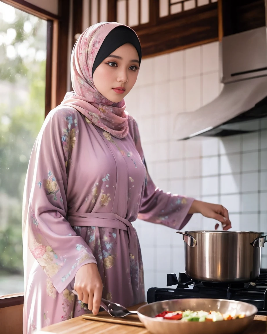 a malay woman, beautiful detailed eyes, beautiful detailed lips, long eyelashes, wearing hijab, pastel color floral abaya, half body, masterpiece:1.2, sexy pose, struggling cooking alone in the traditional kitchen in a malay village house, vibrant colors, soft lighting, bokeh, realistic skin, skin pores