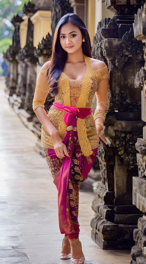A Balinese Girl holding a bouquet of cempaka flowers,(8k, RAW photo, best quality, work:1.3), (realistic, photo-realistic:1.37),1girl,cute,city view,night,rain,wet,professional lighting,photon mapping , radiosity, Physically based rendering, gradient black hair, long straight hair, beautiful, feminine, set of white balls, excellent image quality, high resolution, 1080p, (((clear face))), (detailed face description), (description detailed hands), ((( masterpiece))), (exquisite CG), extreme light and shadow, messy hair, masterpiece, rich details, (exquisite facial features), (highest image quality), (masterpiece), (detailed eyes), look forward to your eyes, delicate collarbone, (((kebaya_bali))),(non NSFW),(Full Body),(cute face:1.5),(huge breasts:1.2),high-heels,big hips, medium thighs,Random Dresses,breasts slightly exposed,cleavage of the breast,lipgloss,Lace,
