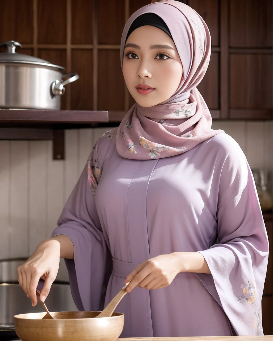a malay woman aged 42, beautiful detailed eyes, beautiful detailed lips, long eyelashes, wearing hijab, pastel color floral abaya, half body, masterpiece:1.2, sexy pose, struggling cooking alone in the traditional kitchen in a malay village house, vibrant colors, soft lighting, bokeh, realistic skin, skin pores