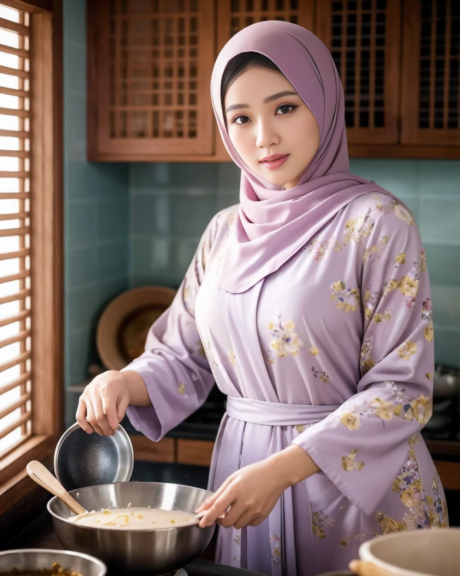 a malay woman aged 42, beautiful detailed eyes, beautiful detailed lips, long eyelashes, wearing hijab, pastel color floral abaya, half body, masterpiece:1.2, sexy pose, struggling cooking alone in the traditional kitchen in a malay village house, vibrant colors, soft lighting, bokeh, realistic skin, skin pores