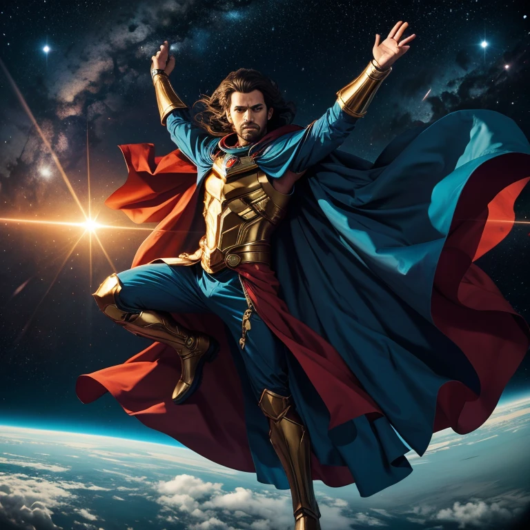God of balance in space with a cosmos cape
