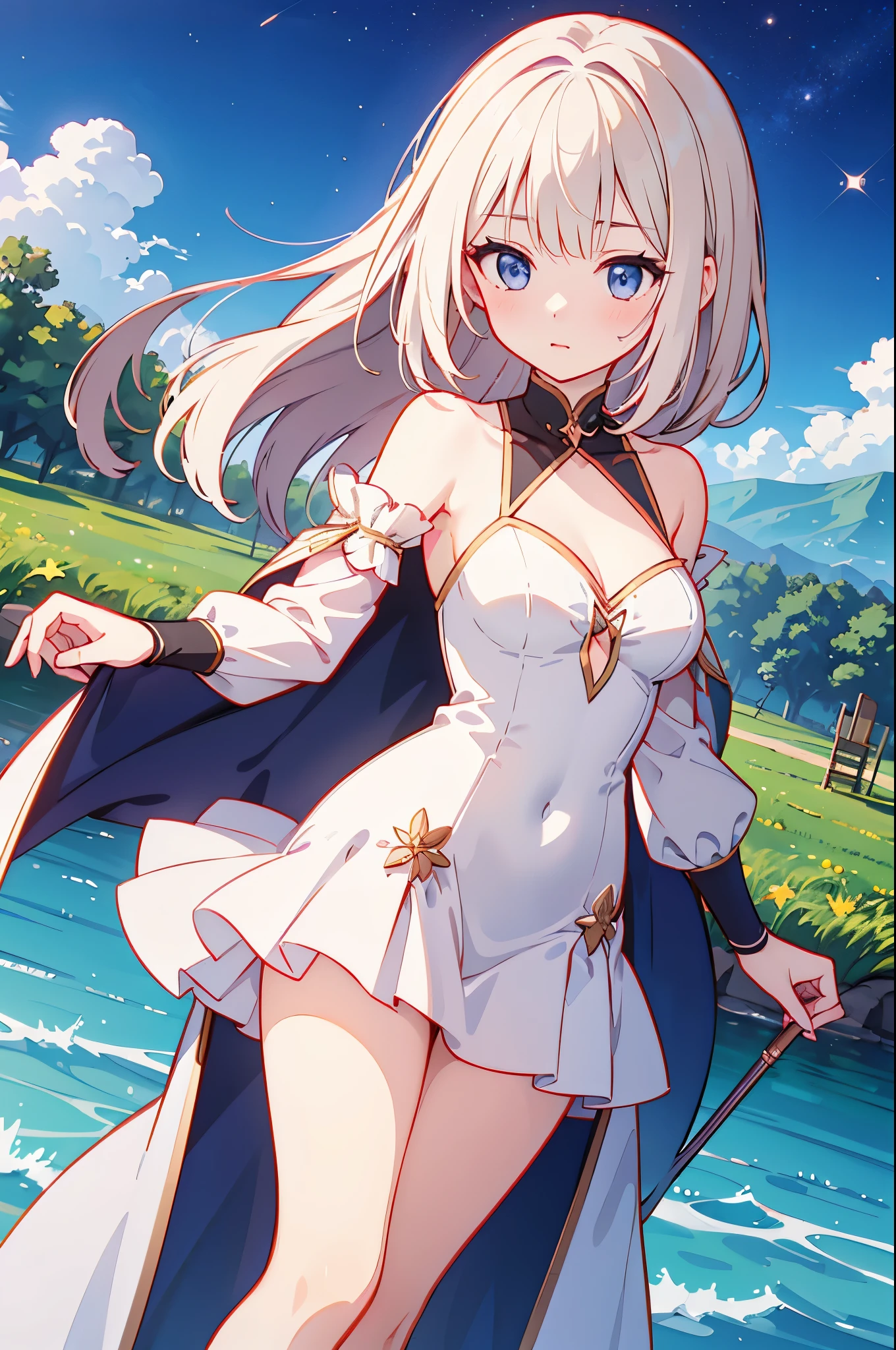 (masterpiece)、(highest quality)、((Super detailed))、(super delicate)、Princess in a naughty dress、platinum blonde、beautiful breasts、Thighs、Gorgeous、lake with mountain view、Fantastic starry sky