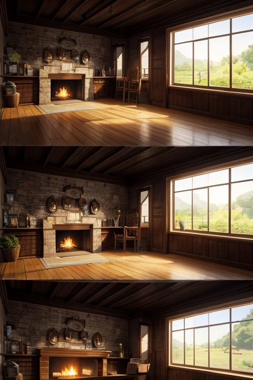 There is a horse in front of the house, with a cozy multidimensional small tavern. The screenshot from "Black Clover" is displayed on the wall, creating a background atmosphere. The tavern is designed in the style of a bar, with wooden furnishings and dimmed lighting. The scene is reminiscent of a peaceful countryside in an anime, like the landscapes often depicted in Studio Ghibli animations. The style of the artwork is inspired by the works of the Madhouse Studio, known for its detailed and vibrant anime. The scene captures the essence of a picturesque anime setting, with the charm and beauty that is characteristic of the genre. The interior of the tavern is adorned with intricate details, depicting shelves filled with colorful potions and ingredients, a cozy fireplace, and warm lighting. The colors are vivid and vibrant, with a slight touch of surrealism, enhancing the overall aesthetics. The lighting is soft and warm, creating a relaxing and inviting atmosphere.