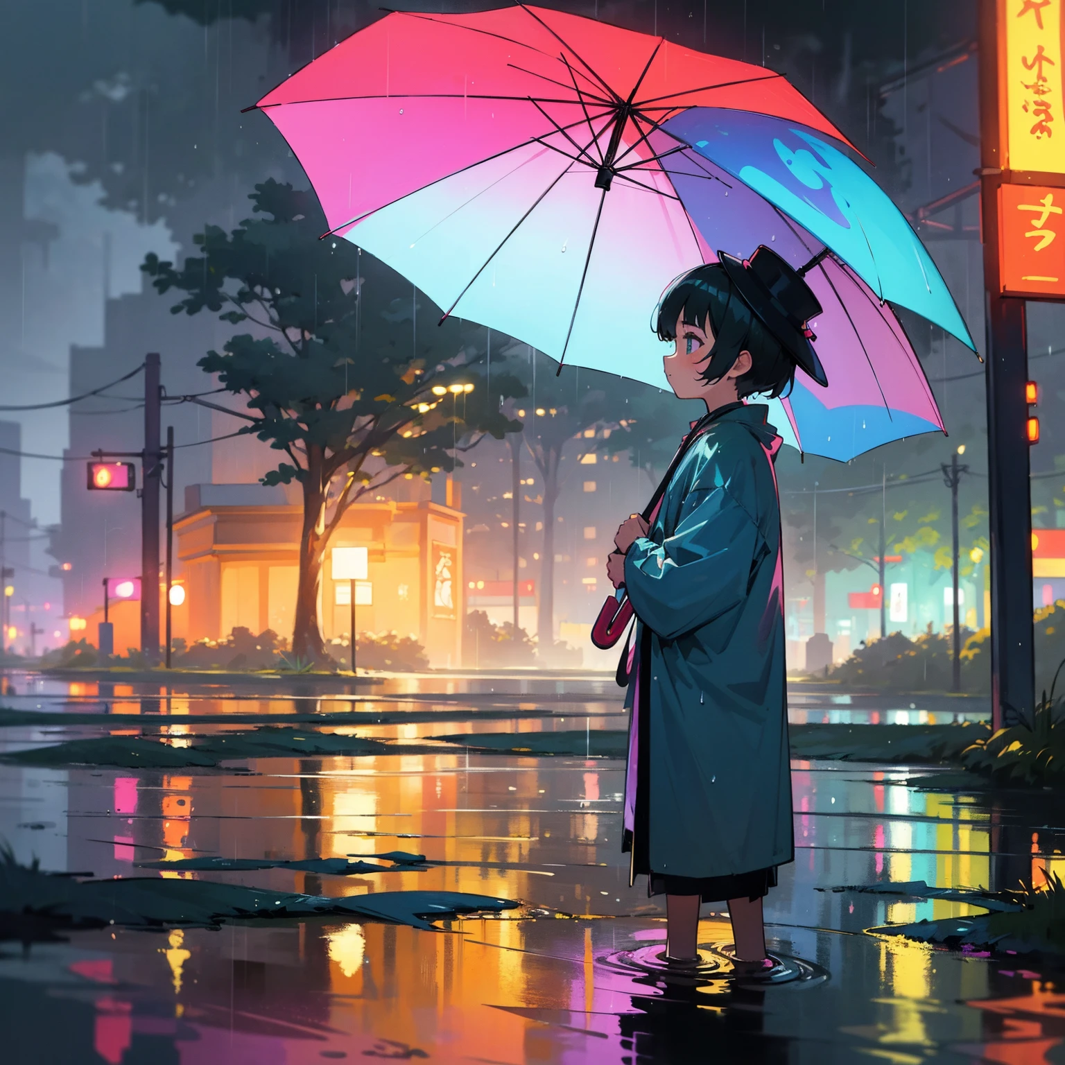 (best quality,4k,8k,highres,masterpiece:1.2),ultra-detailed,realistic, HDR,UHD,studio lighting,ultra-fine painting,sharp focus,physically-based rendering,extreme detail description,professional,vivid colors,bokeh,anime,landscape,a boy wearing a raincoat, wading through a rain-soaked city street, holding an umbrella with a cute cartoon character print, surrounded by colorful, vibrant umbrellas carried by other people passing by, with the raindrops glistening in the light, creating a mesmerizing atmosphere.