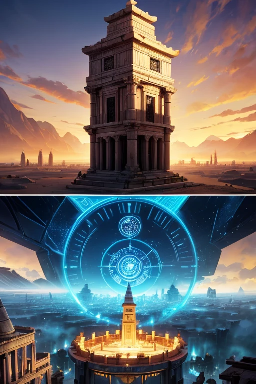 Close-up of a building with a clock, gravity dash, 《The Legend of Korra》set up, Mysterious temple setting, sci-fi temple exterior, Gravity Dash Inspiration, Ruins Explorer at Dusk, desert temple, Wonderful screenshot art, Dwemer ancient brass ruins, Tower of God, Neil 2b, Persian Temple Dungeon, Near the Crystal Temple of Atlantis
