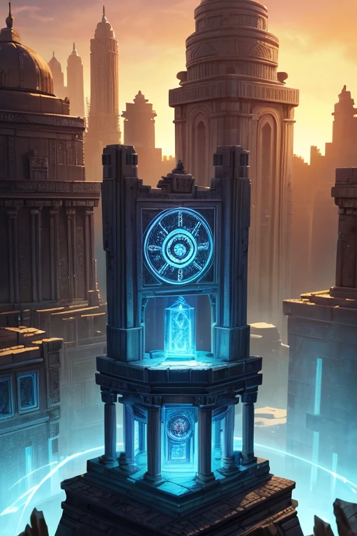 Close-up of a building with a clock, gravity dash, 《The Legend of Korra》set up, Mysterious temple setting, sci-fi temple exterior, Gravity Dash Inspiration, Ruins Explorer at Dusk, desert temple, Wonderful screenshot art, Dwemer ancient brass ruins, Tower of God, Neil 2b, Persian Temple Dungeon, Near the Crystal Temple of Atlantis