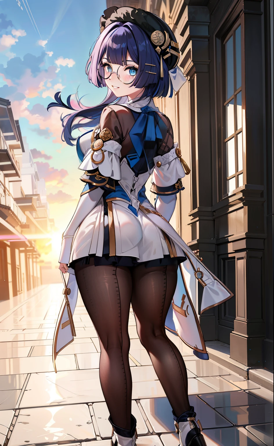 [pelaV4], ((masterpiece)), ((HD)), ((high res)), ((solo portrait)), ((back view)), ((feet visible)), ((beautiful render art)), ((anime)), ((detailed shading)), {woman; (cute blue eyes, short eyelashes, short blue hair, (curvy hips), (beautiful legs), (blushing), (cute smirk)}, {(knight uniform), (short white dress), (see-through pantyhose), (round glasses on face)}, {(standing), (looking back at viewer)}, [Background; (courtyard), (sunrise), (sun rays), (ambient lighting)]