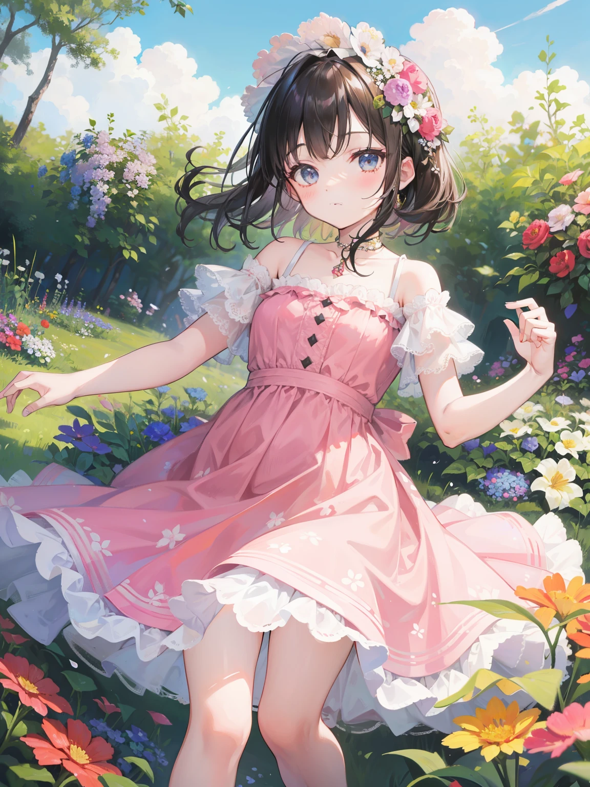 In the garden full of flowers, in the sun, girl in floral dress is dancing