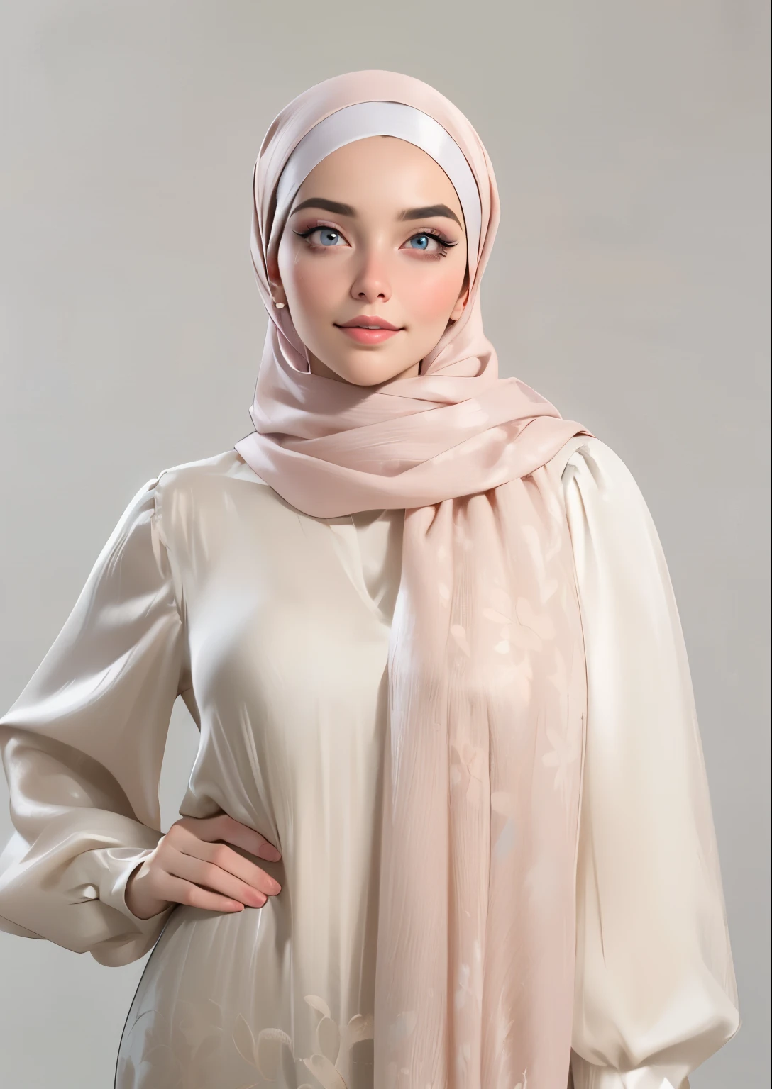 3dmm style, (Masterpiece), realistic, best quality, best lighting, extremely detailed artgerm, style artgerm, beautiful mature woman, 1 girl photo solo, beautifully makeup, eyeshadow, Parted Lips, Detailed Eyes, ((beautiful big eyes)), long eye lashes, dimples on the cheeks, smile, wearing silk turban hijab, ((Dark blue satin hijab)), loosely tide hijab style, shining silk, satin, blue satin, ((Blue satin shirt and satin long skirt)), (Close-up portrait), Front view, Standing Symmetric Centre, facing the viewer, passports photo, gray background.