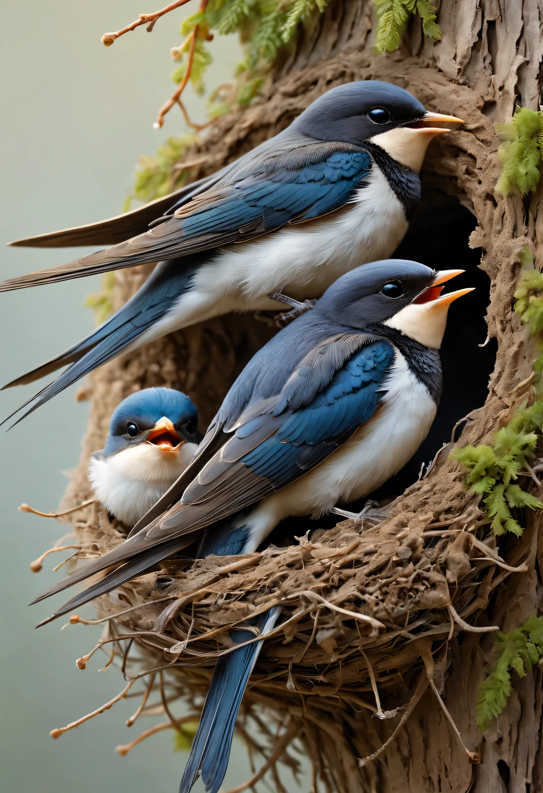 Gouache style, Beautiful detailed ,(The swallow's father and mother are feeding the little swallows in the nest),(A little swallow opens its mouth,Using immature mouths to fight for the bugs brought by the mother.),Feathers shine with blue-black sheen,Each piece is like a carefully polished gem,Exudes a charming light, The nest is sometimes built in a tree cavity,The nest is mainly made of a mixture of mud and saliva,cup or disk,The nest has a rough appearance,Color is gray or brown,The color is slightly lighter, (Little swallow and nest covered with snow),(Bottom-up perspective:0.8)