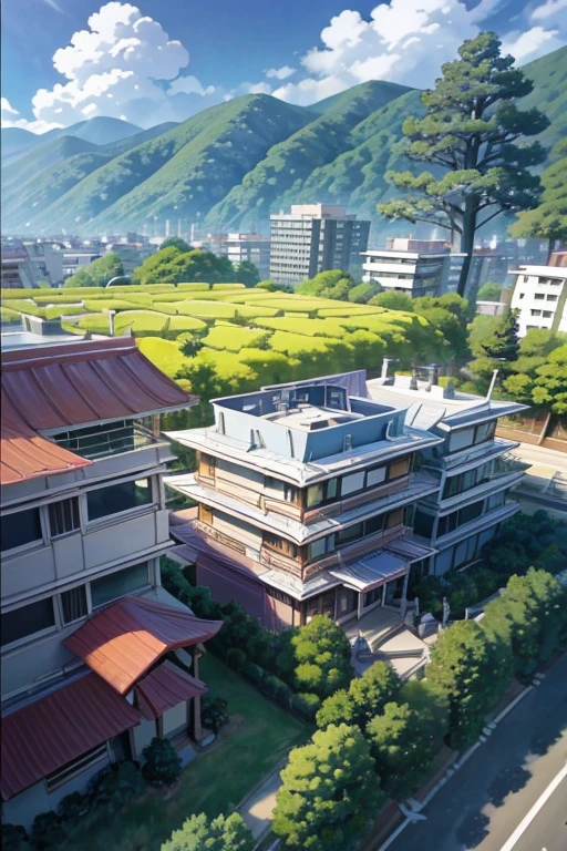 Close-up of buildings and trees against sky background, in style of kyoto animation, Japanese cartoons scene, Inspired by Taketoshi Matsumura, Monokubo, beautiful Japanese cartoons scenes, style of madhouse studio Japanese cartoons, Anime screenshots, anime scenery, ( ( ( Japanese cartoons ) ) ), screenshot from the Japanese cartoons film, Japanese cartoons backgrounds, screenshot from guro Japanese cartoons