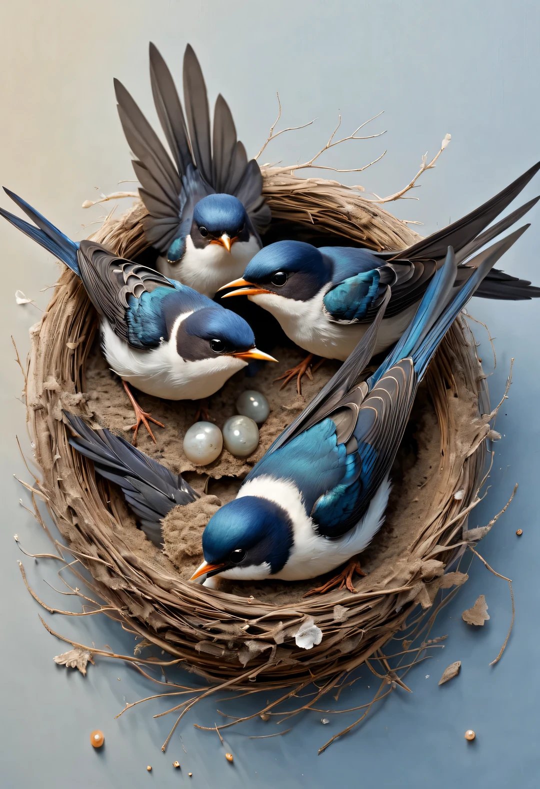 Gouache style, Beautiful detailed ，（The swallow&#39;s father and mother are feeding the little swallows in the nest），（A little swallow opens its mouth，Using immature mouths to fight for the bugs brought by the mother.），Feathers shine with blue-black sheen，Each piece is like a carefully polished gem，Exudes a charming light， The nest is sometimes built in a tree cavity，The nest is mainly made of a mixture of mud and saliva，cup or disk，The nest has a rough appearance，Color is gray or brown，The color is slightly lighter， （Little swallow and nest covered with snow），（Bottom-up perspective：0.8）