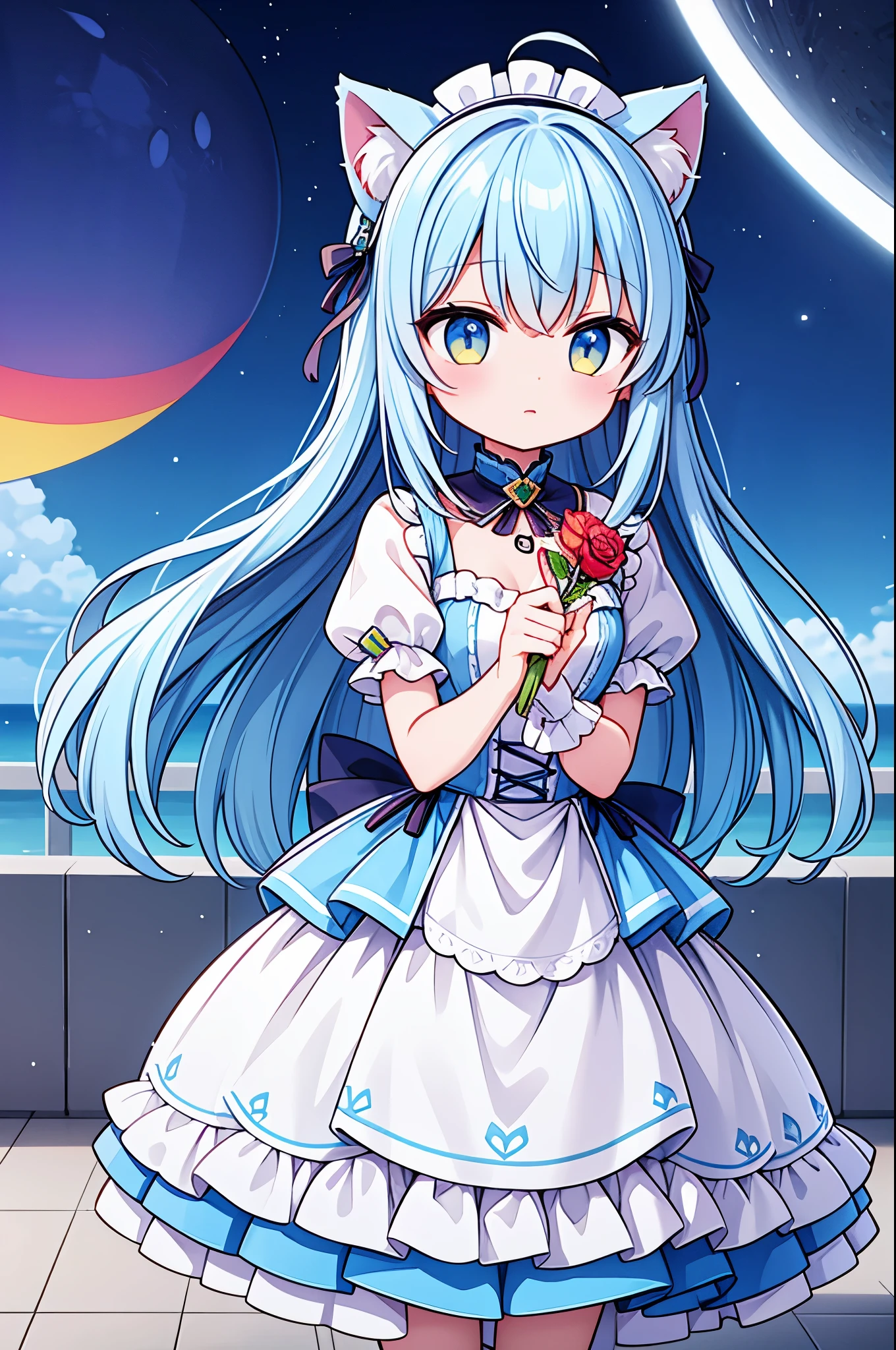 girl、idol costume、Cat ear、My hair is light blue、yellow eyes