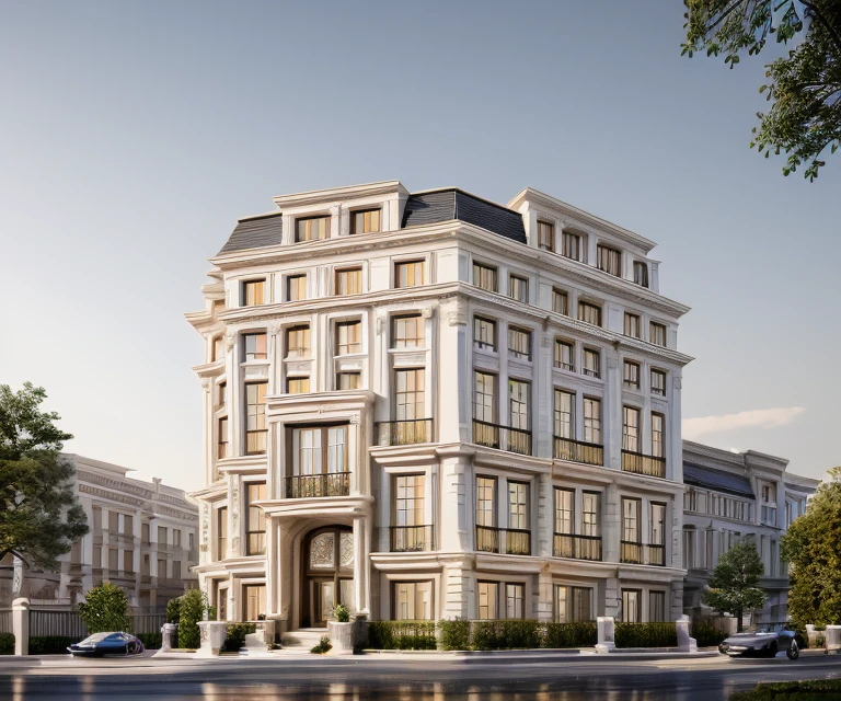 A beautiful Neo-classic exterior design that resembles life. The colors are vivid, with a wide range of tones to enhance the overall visual experience. The scene is set in a natural landscape, blending harmoniously with the surrounding environment. The architecture stands tall, reflecting the beauty of the Neo-classic style. The structure features intricate carvings, elegant columns, and grand entrances, giving it a sense of grandeur and sophistication. The composition is carefully arranged, with a balanced and visually appealing layout. The artwork is a true masterpiece, reflecting the talent and skill of the artist in capturing the beauty of the Neo-classic style, ((beautiful sky and cty background detail)), (best quality,8k,highres,masterpiece:1.5),ultra-detailed,(realistic,photorealistic,photo-realistic:1.5), The ambient lighting highlights the textures and details, creating a stock photo-like atmosphere, best quality, (((Best Quality: 1.5))), ((Super Detail: 1.5))(straight strokedetail:1.3), (Intricate lines:1.5), ((Photorealism:1.5)),(((hyper detail:1.5))), archdaily, award winning design, (dynamic light:1.5), (day light:1.5), (perfect light:1.5), Balcony ceiling lights, (light bulbs: 1.5), (shimering light :1.5), refection glass windows, trees, beautiful sky, photorealistic, FKAA, TXAA, RTX, SSAO, Post Processing, Post-Production, CGI, VFX, SFX, Full color,((Unreal Engine 5)), Canon EOS R5 Camera + Lens RF 45MP full-frame CMOS sensor, HDR, Realistic,8k,((Unreal Engine 5)), Cinematic intricate detail, extreme detail, science, hyper-detail, FKAA, super detail, super realistic, crazy detail, intricate detail, nice color grading, reflected light on glass, eye-catching wall lights, unreal engine 5, octane render, cinematic, trending on artstation, High-fidelity, Viwvid, Crisp, Sharp, Bright, Stunning, ((Lifelike)), Natural, ((Eye-catching)), Illuminating, Flawless, High-quality,Sharp edge rendering, medium soft lighting, photographic render, detailed archviz