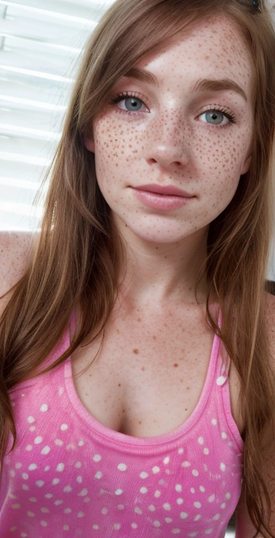 RAW photo, portrait of a beautiful freckled girl (high detailed skin:1.2), freckled breasts, 8k uhd, dslr, soft lighting, high quality, film grain, Fujifilm XT3