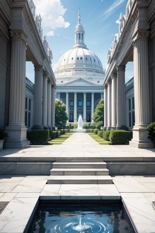 Large White House renderings,There is a fountain in front, vaporwave building, neo-classical style, neoclassical style, solemn, Architectural renderings, neo-classical建筑, Inspired by Adelaide Victoria Hall, neo-classical, digital rendering, wealthy house, building, Inspired by François Barrow, Photos from 2022