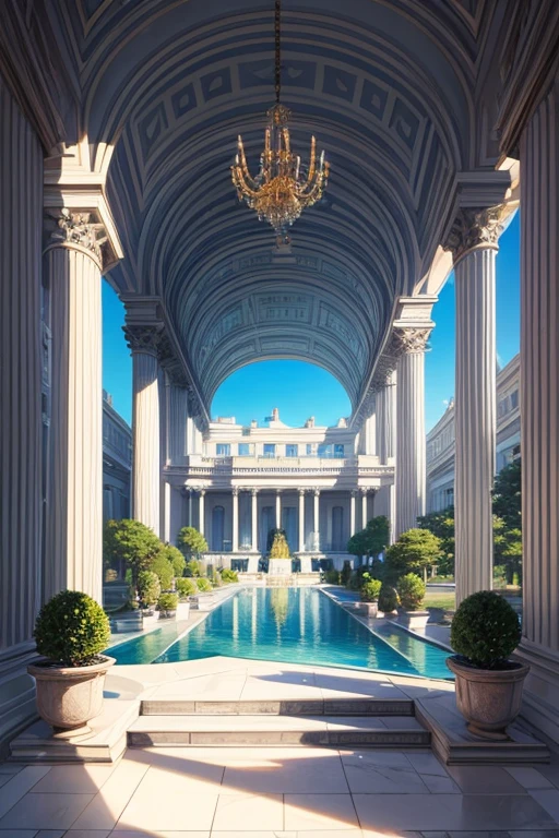 A grand vision of the White House, with a majestic fountain in the foreground, surrounded by vaporwave-inspired skyscrapers. The scene exudes a sense of elegance and grandeur, reminiscent of neoclassical architecture. The inspiration for this artwork comes from the Adelaide Victoria Hall and the neoclassical style it embodies. The image is digitally rendered, showcasing intricate details and the highest quality. The colors are vibrant and vivid, with a touch of pastel hues to enhance the overall aesthetic. The lighting casts a soft glow, accentuating the architectural elements of the neoclassical building. This masterpiece portrays a wealthy and opulent residence, reminiscent of the works by François Baro. The image is a glimpse into the future, capturing the essence of 2022.