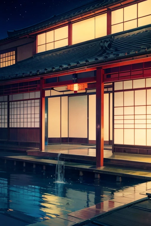 Close-up of building with illuminated windows at night, in style of kyoto animation, Japanese cartoons scene, beautiful Japanese cartoons scenes, Inspired by Taketoshi Matsumura, Japanese style houses, Japanese cartoons beautiful peace scene, ( ( ( Japanese cartoons ) ) ), anime scenery, Japanese cartoons backgrounds, Japanese cartoons screencaps, Japanese cartoons movie backgrounds, Anime screenshots, Monokubo