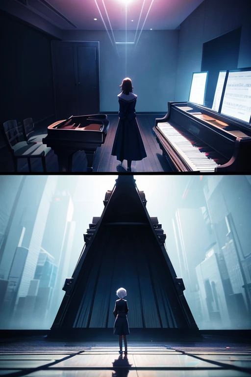 A woman stands in a dark room，holding the piano，a man standing on a chair, Screenshots from animated movies, Animation movie screenshots, Animated static screenshots, anime film still, Animation movie stills, Kuro anime screenshots, Still from an animated horror movie, animation stills, Animation movie stills, animation stills, Today's featured anime stills, anime scene