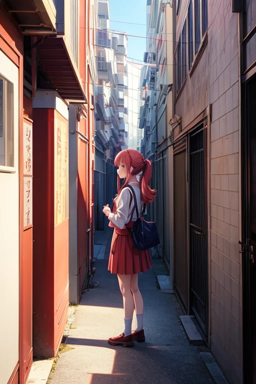 Anime character standing in front of red pillar building, anime yuruying, anime scene, Natsume friend account, Japanese high school, Still from TV animation, Today's featured anime stills, daily, opening scene, yuruying, tokyo anime anime scene, Inspired by Shiko Munakata, screenshot of animation