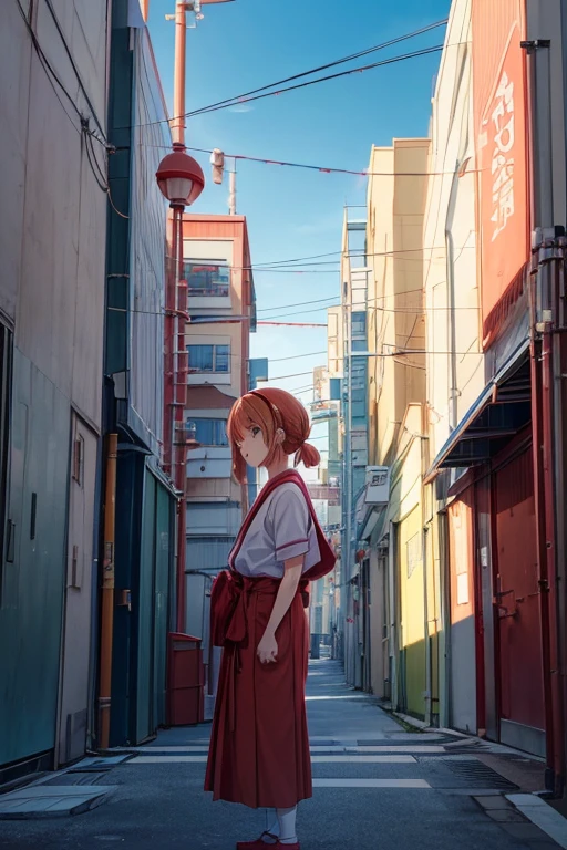 (animated character standing in front of a red column building, anime Tamura Camp, anime scene, Natsume's Book of Friends, Japanese high school, still from TV anime, today's featured anime still shot, everyday, opening scene, Tamura Camp, Tokyo anime scene, inspired by Shikishi Munakata, screenshot from an animated film)