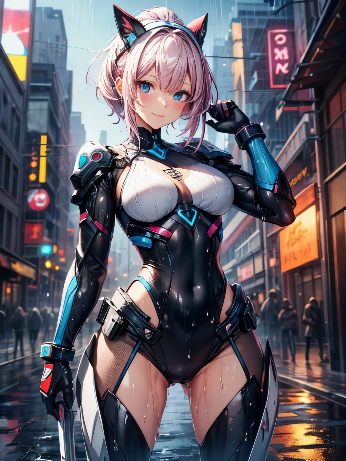 anime girl, very short hair、pink hair, beautiful blue eyes, Mecha suit figure, nice background of rainy city, 8K, High resolution、sexy pose、big smile、(wet texture:1.3)、fighting stance