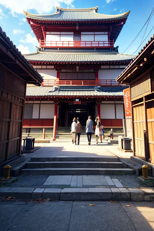 A group of people walking along the street next to the building, anime Scenes, Natsume friend account, anime movie Scenes, In front of the temple, tokyo anime anime Scenes, beautiful anime Sceness, in style of kyoto animation, Scenes!!, Inari Shrine, Still from TV animation, opening Scenes, Japantown, daily, anime screenshot