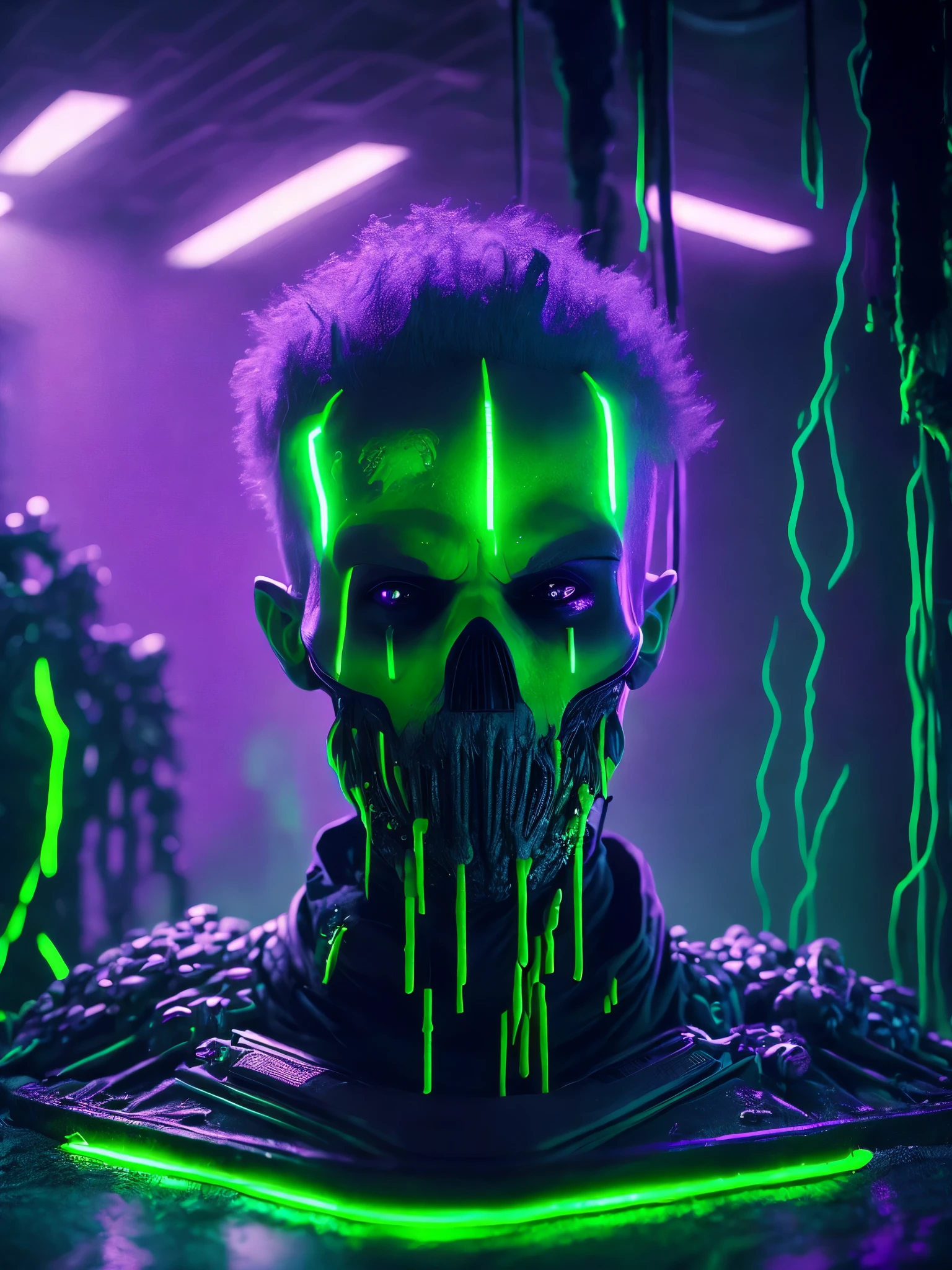 Post-apocalypse, Cult of Cthulhu, uturistic, bright neon clours, best quality, high resolution, alien, giger, viscera, post, peeled flesh, guro, broken creature, deadman, a dangerous looking sprinkled man bright neon blood on top of a table with a alien head, high contrast, sharp purple neon, in the style of giger in the hole, with a lot of blood around, deep contrast, hyperrealism, hyper realistic color photo, realistic photography, ultra realistic, biomechinical, biomachines, ((hnsrdlf style)), detailed reflections, dark atmosphere, gothic art, futuristic, realistic blood, realistic reflections, RTX graphic, HDR, ultra detailed, realistic blood, RTX graphic, HDR, ultra detailed, ultra realistic shadows, ultra quality, neon yellow, neon purple, neon blue, neon red, bright colours, ultra constrast