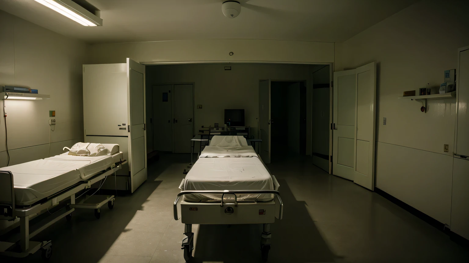 A hospital morgue, small lighting, Horror, luz distorcida, Cinematic masterpiece, ultra high resolution, alta qualidade, cinematic lighting,