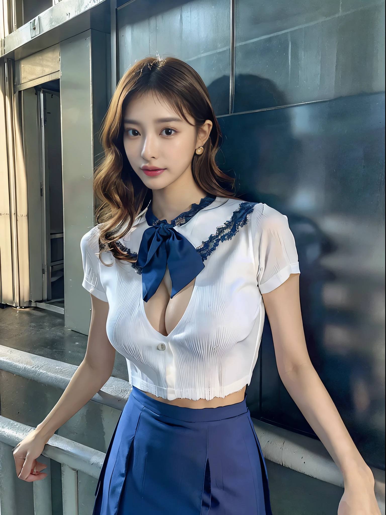 (hyper realistic), (illustration), (high resolution), (8K), (Extremely detailed), (best illustration), (beautiful detailed eyes), (Professional specifications), (It's photorealistic), (post processing), (Max Detail),Rough feeling, (best quality), (super detailed pussy), (muste piece), (wall paper), (detailed face), (Hard small nipple shadow: 1.6),((Perfectly detailed five-fingered hands)),one young girl, (19 years old),(Korean beauty :1.2), (double eyelids), (delicate face:1.2), (high nose), (plump lips), (Porcelain white skin:1.2),thin slim waist, (big breasts same:1.4), long legs, big ass, strong abdominal muscles, ((Five-fingered feet with perfect proportions and details)), necklace, look at the viewer,珰 ,(Curly/kinky hair:1.2),(In an empty school corridor:1.2),,(shirt,Blue blouse uniform:1.3),(Underwear,Lace Brief:1.3),(,Skirt,skirt lift:1.4),(Comfortable standing position:1.2),