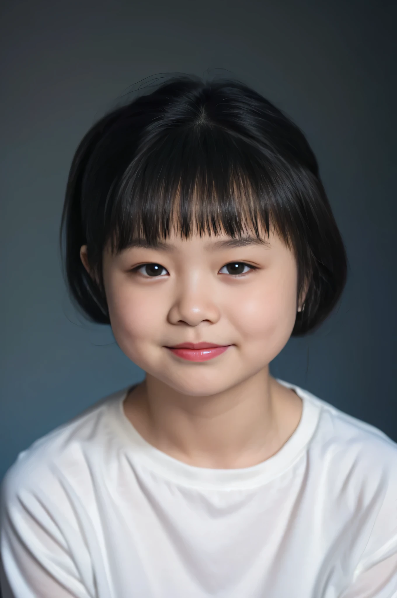 Highly realistic photo, ((masterpiece), (best quality), (raw photo), (photorealistic:1.4), Portrait of a 3-year-old Vietnamese girl, short hair, chubby face, wearing a white T-shirt, (dark blue background), photo taken by Sony A7IV,photorealistic