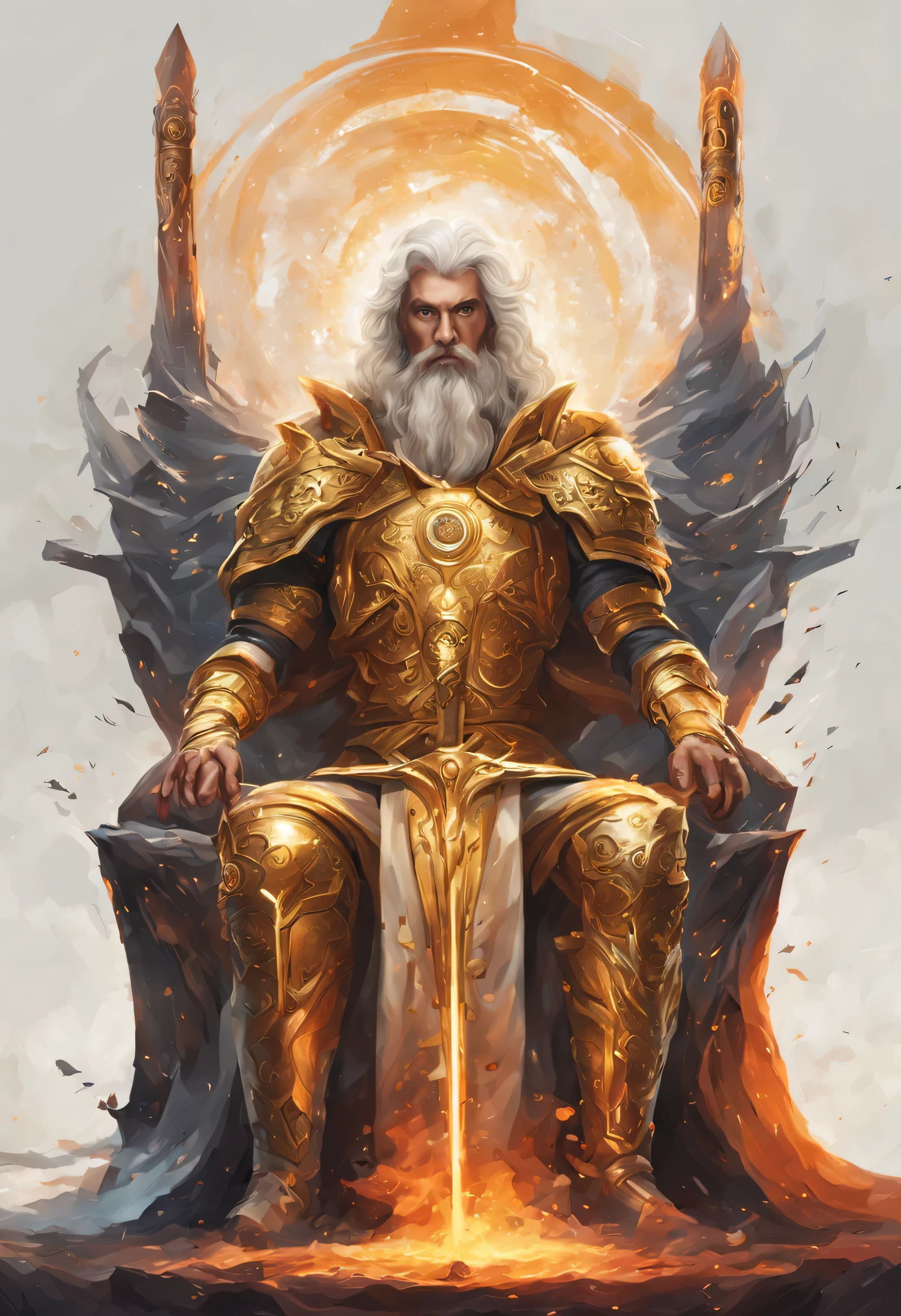 Galactic background, com um homem com vestimentas de ouro sentado ao trono, cabelos longos e branco, eyes of fire with a sword in hand 