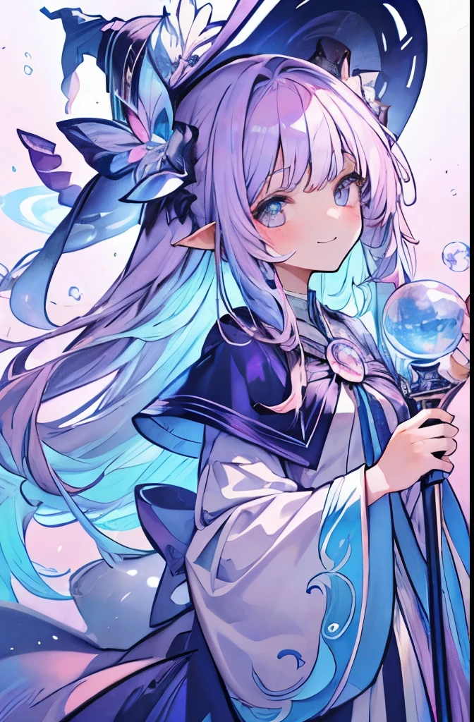 ((masterpiece:1.2, best quality)), 1 girl, 13 years old，alone, Colorful gradient hair,pointy-eared, Long hair,,Colored eyes, ribbon,Dreamy，Smile, Fantasy bubble background,Great Magician,Colored crystal ball， Long staff，wide mage hat，Loose mage robe，whole body，wide angle 