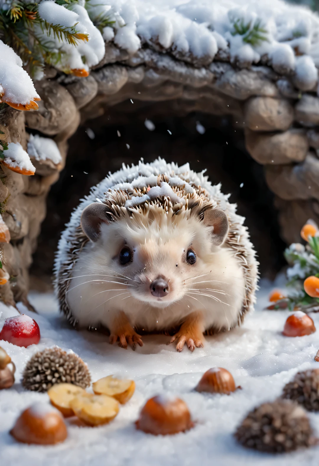 Gouache style, Beautiful detailed , (The little hedgehog secretly looked out of the hole), very cute, background: Blizzard, Detailed photography, Canon EOS R5, 70mm lens, depth of field, (Cute little hedgehog stretches out his head to peek at the hole) nuts, mushroom, fruit, very cute, background: It snowed heavily, depth of field, background:(Under the snow-covered eaves:0.68),(Big nest covered with snow),(fisheye photography)