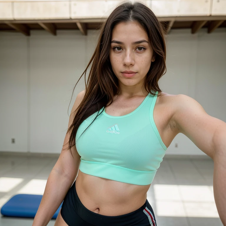 Cute beautiful sexy European light-green-eyed brunette, 22 years old,
seductive look in eyes, girl is wearing fitness outfit, full body view, gym, walking,
innocent face, face-length 1.3 times the face-width, almond-shaped eyes, squared face-shape, high cheekbones, naturally wavy hair, light-green eyes, high-res, masterpiece, best quality, intricate details, very detailed, sharp focus, detailed skin, realistic skin texture, texture, detailed eyes, professional, 4k, charming smile, shot with Canon, depth of field, Kodak Vision color, perfectly fitting body, extremely detailed, photo_\( ultra\), photorealistic, realistic, post processing, maximum details, roughness, real life, ultrarealistic, photorealism, photography, 8k UHD, photography