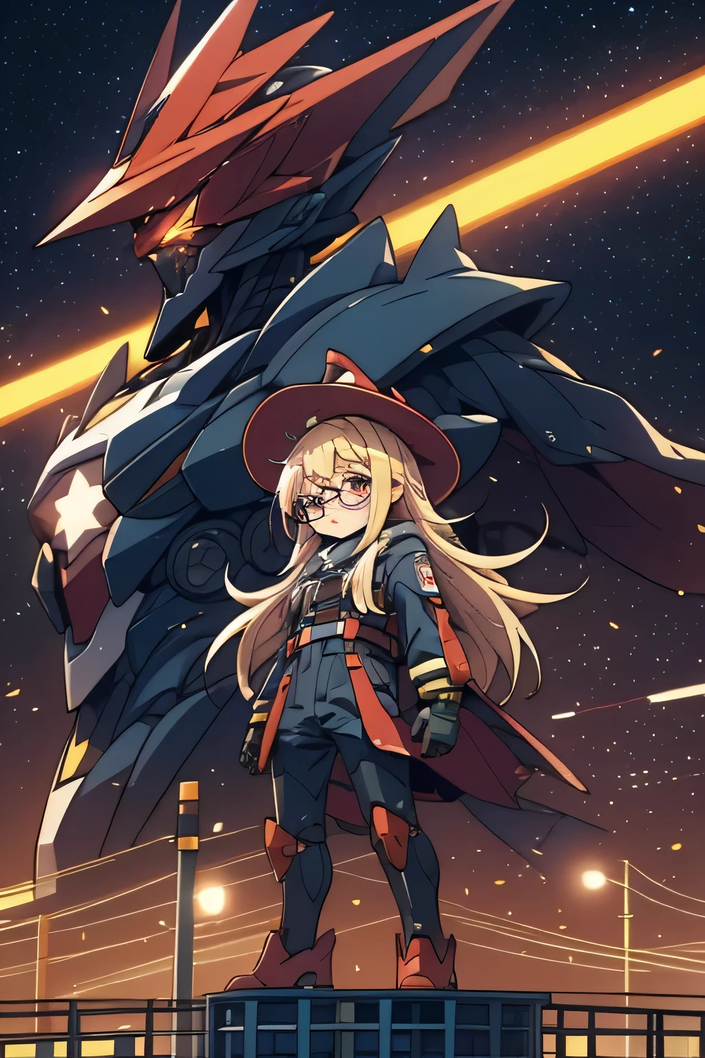 Mecha in background, Giant Mecha, Red, Platform, Red Wings, Turbines, Witch Hat, Long yellow energy lines behind the head, Mistico, Behind a young anime girl, long blonde hair, nerd, round glasses, witch outfit, Stars, Universe in the background