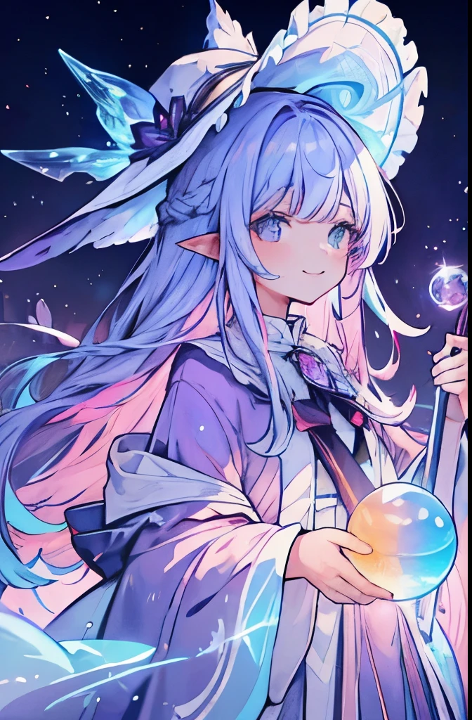 ((masterpiece:1.2, best quality)), 1 girl, ,alone, Colorful gradient hair,pointy-eared, Long hair,,Colored eyes, ribbon,Dreamy,Smile, Fantasy bubble background,Great Magician,Colored crystal ball, Long staff,wide mage hat,Loose mage robe,whole body,wide angle