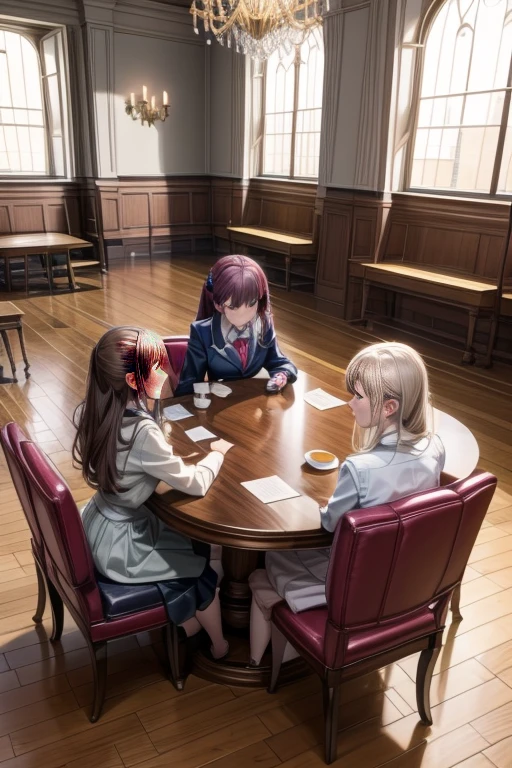 Anime scene of a Dining room with tables and chairs, Heartbeat Literature Club, Dining room!, Sit in royal comfort, court room, Lowther sitting at the table playing dnd, Madhouse studio anime style, with furniture overturned, set in bank vault room, in their noble mansions, Dream bakery interior, Phoenix Wright Ace Lawyer, royal interior