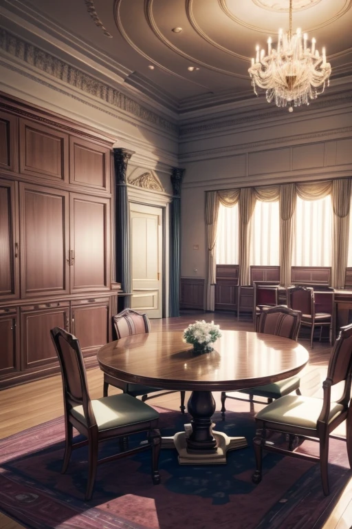 Anime scene of a Dining room with tables and chairs, Heartbeat Literature Club, Dining room!, Sit in royal comfort, court room, Lowther sitting at the table playing dnd, Madhouse studio anime style, with furniture overturned, set in bank vault room, in their noble mansions, Dream bakery interior, Phoenix Wright Ace Lawyer, royal interior