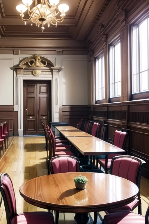 Anime scene of a Dining room with tables and chairs, Heartbeat Literature Club, Dining room!, Sit in royal comfort, court room, Lowther sitting at the table playing dnd, Madhouse studio anime style, with furniture overturned, set in bank vault room, in their noble mansions, Dream bakery interior, Phoenix Wright Ace Lawyer, royal interior