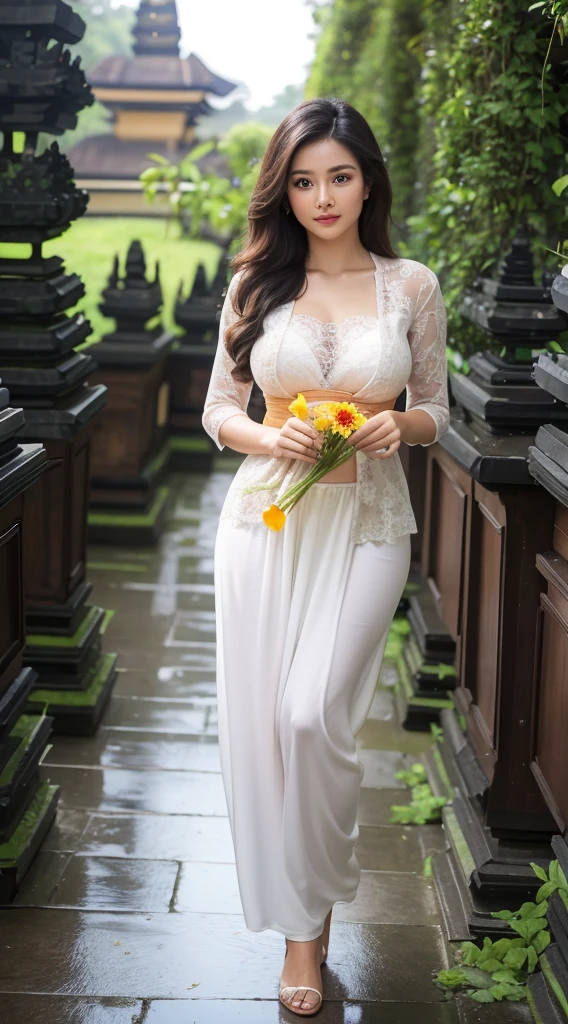 A Balinese Girl holding a bouquet of cempaka flowers,(8k, RAW photo, best quality, work:1.3), (realistic, photo-realistic:1.37),1girl,cute,city view,night,rain,wet,professional lighting,photon mapping , radiosity, Physically based rendering, gradient black hair, long straight hair, beautiful, feminine, set of white balls, excellent image quality, high resolution, 1080p, (((clear face))), (detailed face description), (description detailed hands), ((( masterpiece))), (exquisite CG), extreme light and shadow, messy hair, masterpiece, rich details, (exquisite facial features), (highest image quality), (masterpiece), (detailed eyes), look forward to your eyes, delicate collarbone, (((kebaya_bali))),(non NSFW),(Full Body),(cute face:1.5),(huge breasts:1.2),high-heels,big hips, medium thighs,Random Dresses kebaya_bali,breasts slightly exposed,cleavage of the breast,lipgloss,Lace,