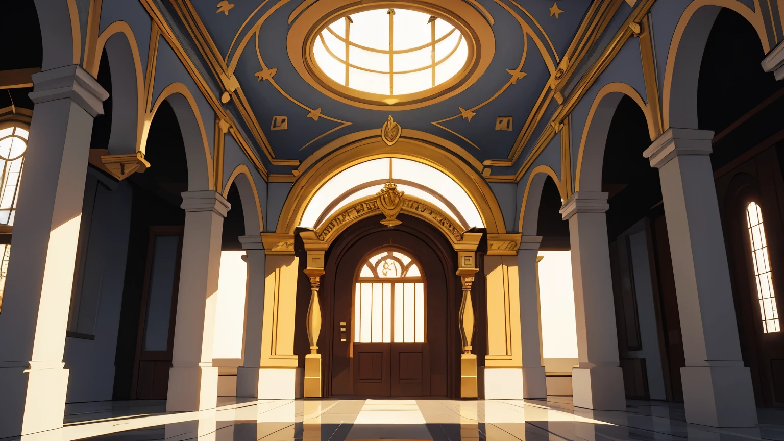 European fantasy temple, white, Inside, golden jewelery, European, medieval, from inside