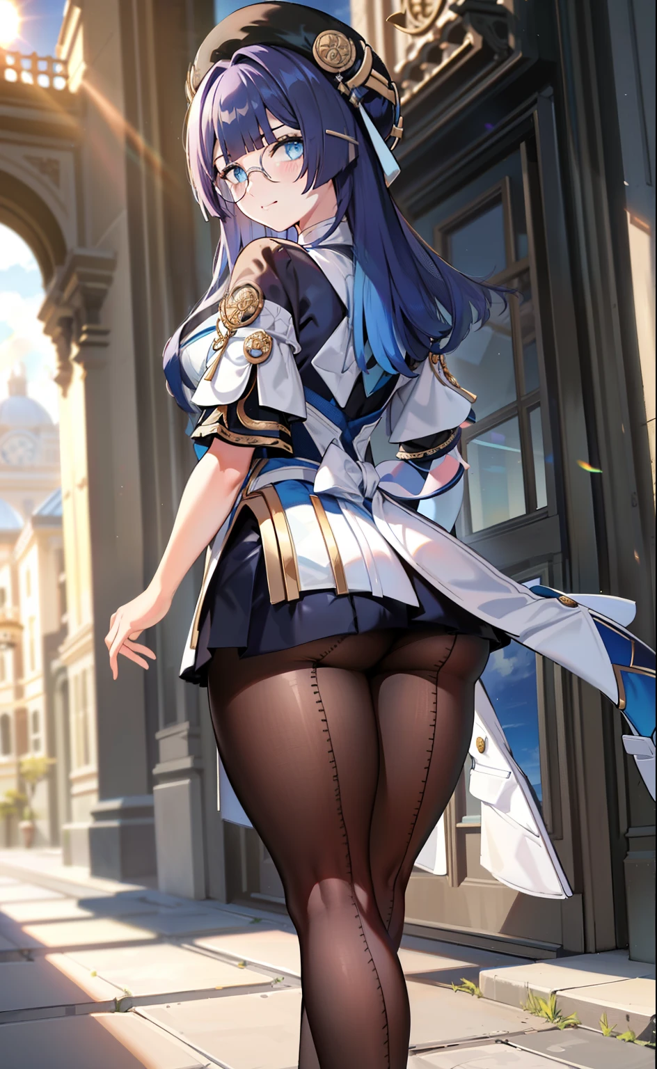 [pelaV4], ((masterpiece)), ((HD)), ((high res)), ((solo portrait)), ((back view)), ((lower-angle view)), ((ass focus)), ((beautiful render art)), ((anime)), ((detailed shading)), {woman; (cute blue eyes, short eyelashes, short blue hair, (curvy hips), (beautiful legs), (blushing), (cute smirk)}, {(knight uniform), (short white dress), (see-through pantyhose), (round glasses on face)}, {(standing), (looking back at viewer)}, [Background; (courtyard), (sunrise), (sun rays), (ambient lighting)]