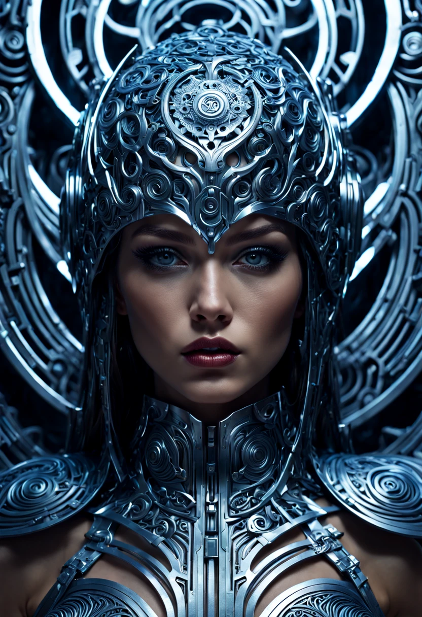 Full body portrait of a bioengineered adorned in metal carving ornament within a cybernetic maze, features detailed face, sharp eyes, soft skin, inspired by Aaron Horkey and Adonna Khare, captured through the lens of fashion photography, enhanced by cinematic lighting and a mesmerizing Light painting effect, dramatic lighting, bluish UHD drawing., Miki Asai Macro photography, close-up, hyper detailed, trending on artstation, sharp focus, studio photo, intricate details, highly detailed, by greg rutkowski