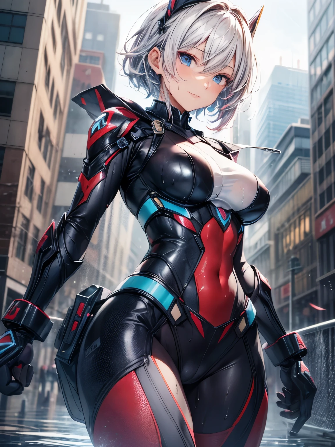 anime girl, very short hair、pink hair, beautiful blue eyes, Mecha suit figure, nice background of rainy city, 8K, High resolution、sexy pose、big smile、(wet texture:1.3)、((fighting stance:1.3))