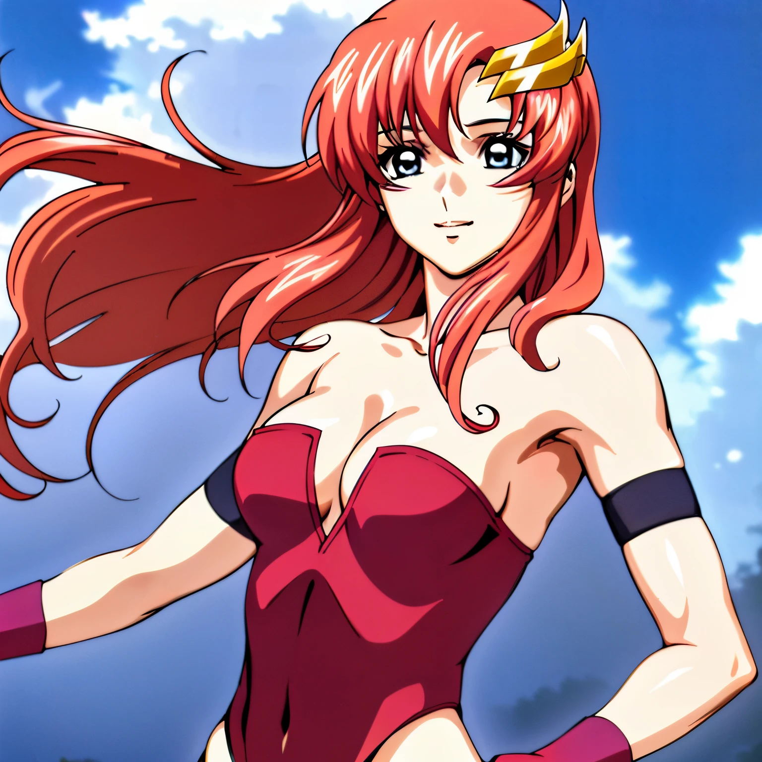 lacus4, solo, navel, (masterpiece, upper body view, strapless, (very slim shoulders), 4K, Best Quality, Anime style: 1.9, happy, Adult Woman, (ultra detailed head), (cloud background, white skin), Drawing lines, high resolution, lacus4), 1girl, Solo, curvy figure, Long hair, 鎖骨, scapular, (Detailed wide hair bangs, Hair Ornament, Detailed reddish-pink hair, shiny streaks, slim arms, detailed golden crest), cleavage, large hands, (hair cover shoulders). (Big blue eyes, shiny eyes), ((female wrestler, (slim body), little biceps, slim arms, closed fists, thighs)), ((perfect proportions, medium breasts, long belly)), (((very tight leotard, crimson strapless leotard, red arm band, neck band))), smile, (standing, hot colors), detailed fingers, (bare shoulders)