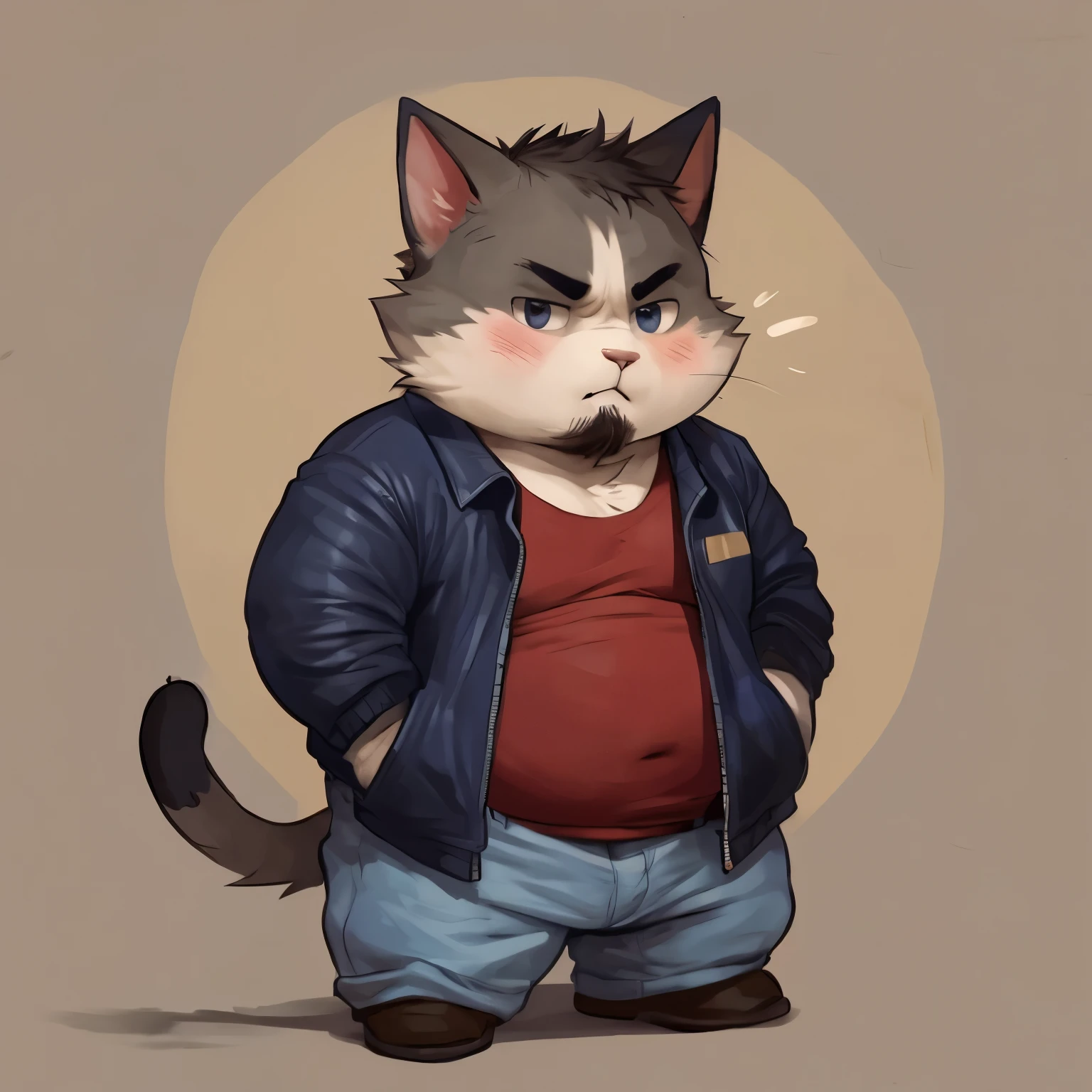 chubby wide body, fluffy, furry,chubby cheeks, big chest , beard,Anthro cat , furry , male cute, extremely cute, blushes, full body, plump, very angry ,a bit embarrassed , jacket , T-shirts, big jeans, chibi , by glitter trap boy , by darkgem 