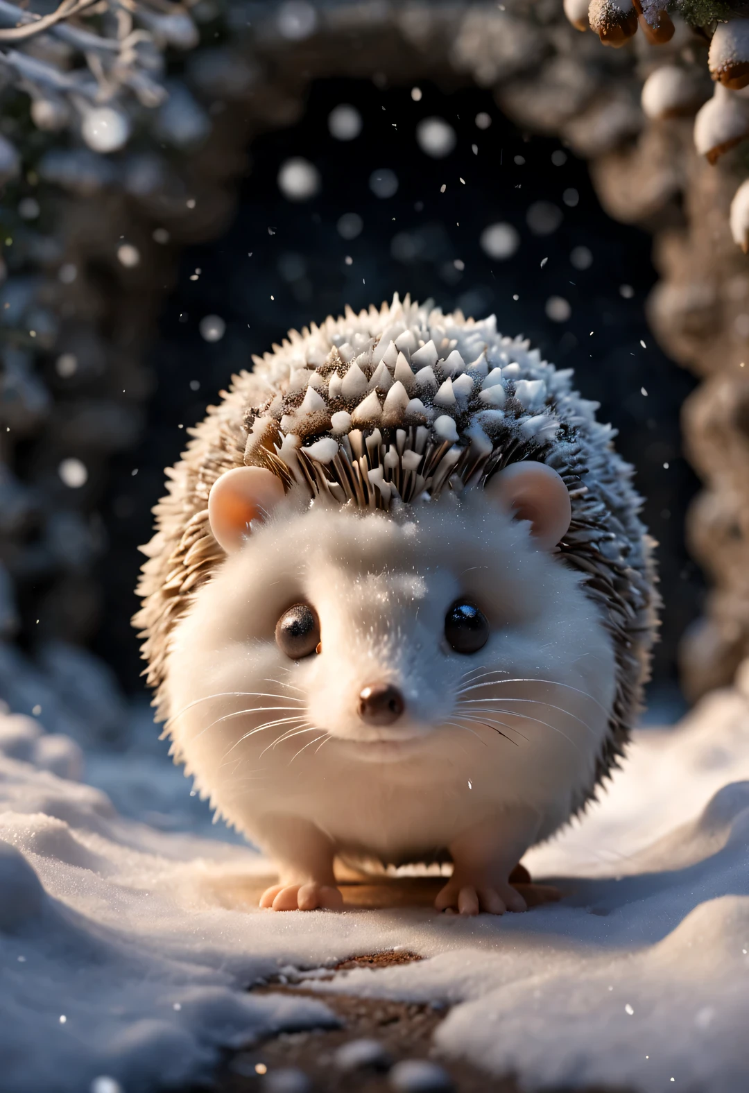 Combination art style, Beautiful detailed,(Cute little hedgehog standing at the entrance of the cave, Stretch out your little head and look at it warily.) nuts, mushroom, fruit, very cute. background: It snowed heavily,background:(snow covered cave entrance),