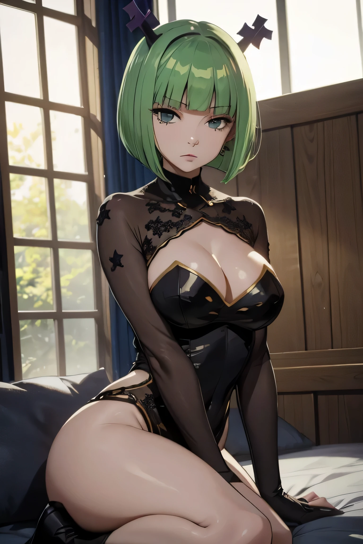 absurdos, high resolution, ultra-afiado, 8k, obra de arte, brandish, 1 garota, cabelo verde, cabelo curto, {{Vestido de noite preto}}, sala, noite, corpo todo, {todos de quatro}, {{dedos perfeitos}}