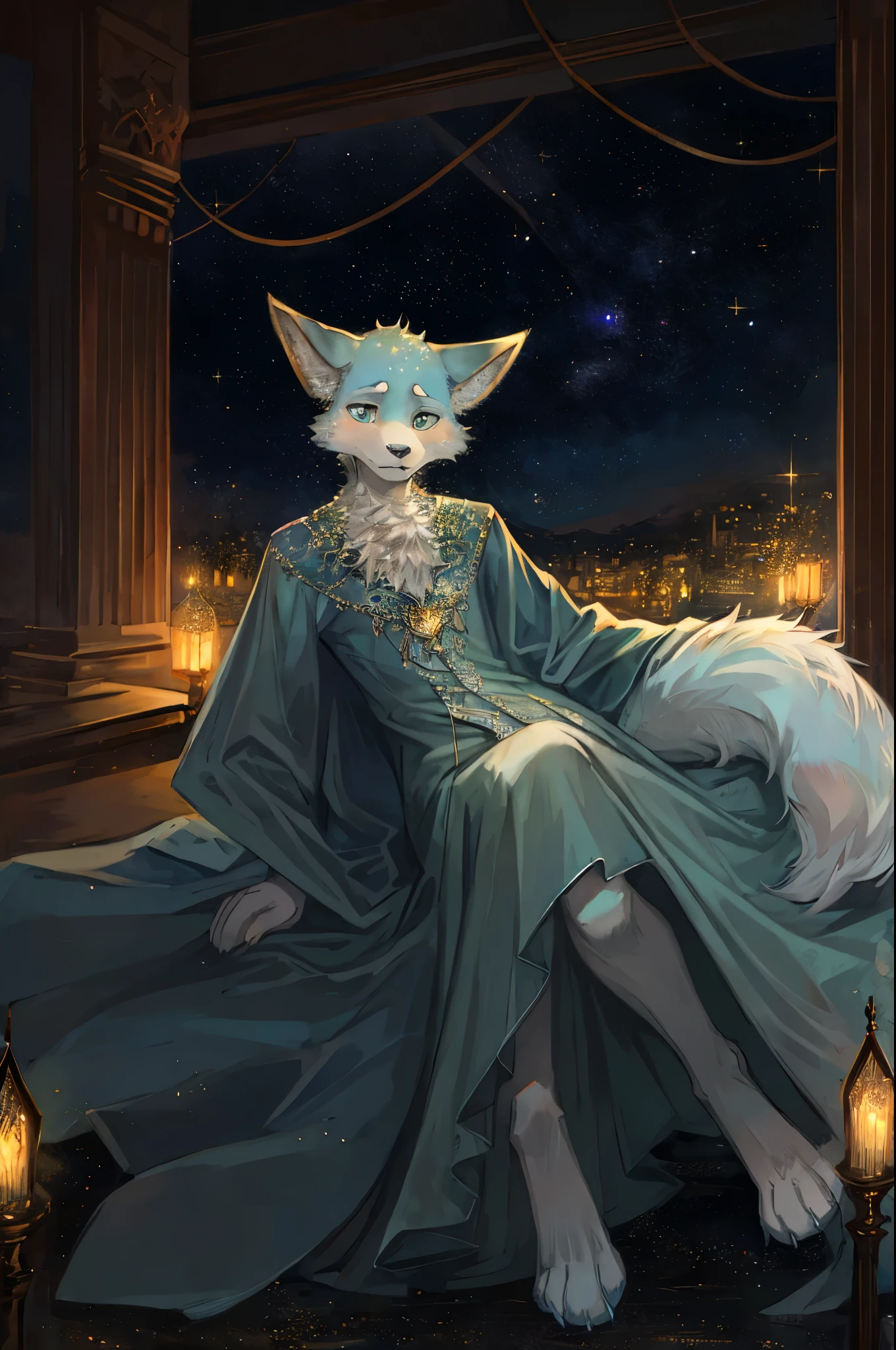Beastars: A captivating masterpiece in the world of anthropomorphic animals, this high-resolution, photorealistic image features a charming and expressive Beastar character. With vibrant eyes that sparkle with emotion, this beast has a fluffy fox tail and an elaborate, multi-layered fur texture. The background is a tranquil starry night, setting the perfect mood for this stunningly beautiful full-body portrait.
The Beastar's dynamic pose exudes confidence, with its paws resting on its knees and an attentive gaze. Its fine face is adorned with an intricate tattoo, adding to its allure. The light blue fur on its